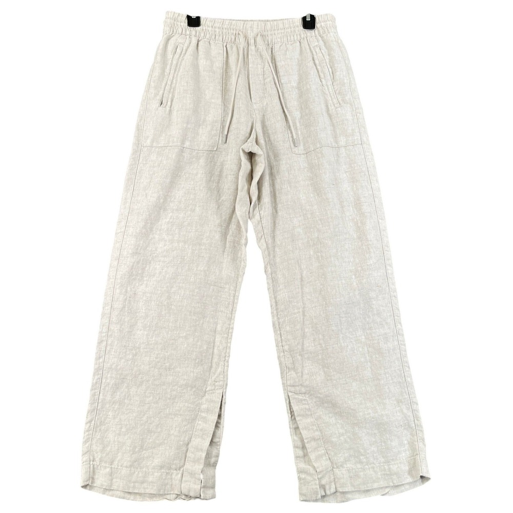 Athleta Linen Wide Leg Pants Womens M Oatmeal Drawstring Travel
